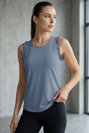 Fisoew Women's Bluish Gray Ruffle Sleeveless  Black Racerback Workout Tank Tops - Fisoew
