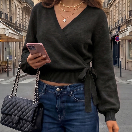 V Neck Tie Belted Crop Knit Sweaters - Fisoew