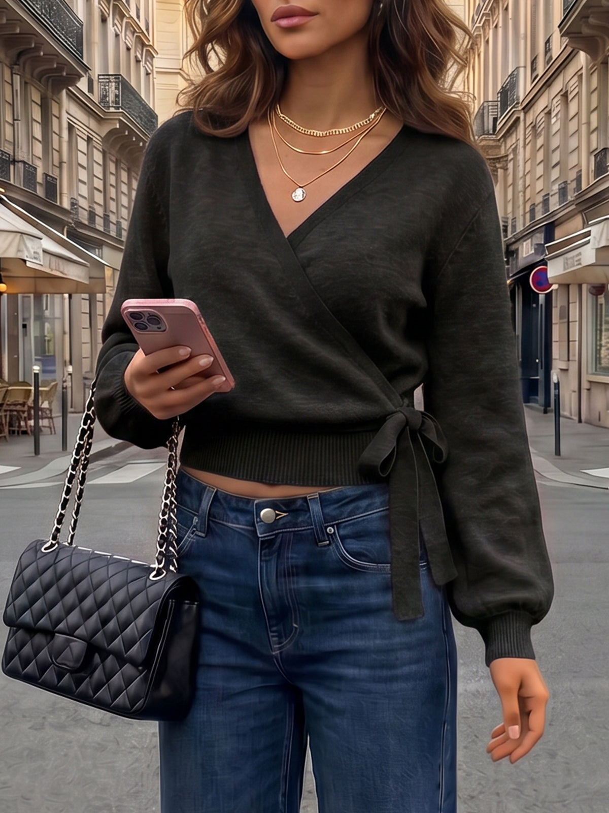 V Neck Tie Belted Crop Knit Sweaters - Fisoew