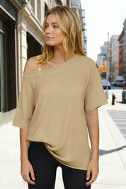 Fisoew Women's Khaki Off The Shoulder Tops Oversized  T-Shirts - Fisoew