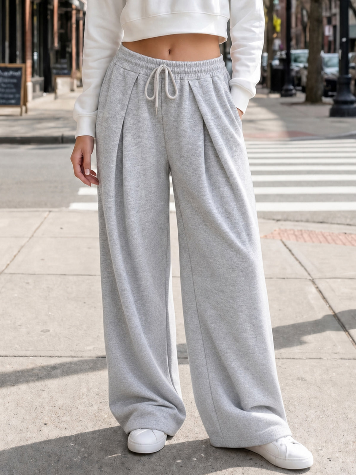 Solid Wide Leg High Waist Pants - Fisoew