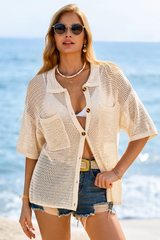 Fisoew Women's Apricot Crochet Lightweight Cardigan Sweaters Cover Up Shirts