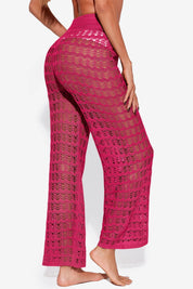Fisoew Women‘s Rose Red Crochet Sheer Mesh Cover Up Pants - Fisoew
