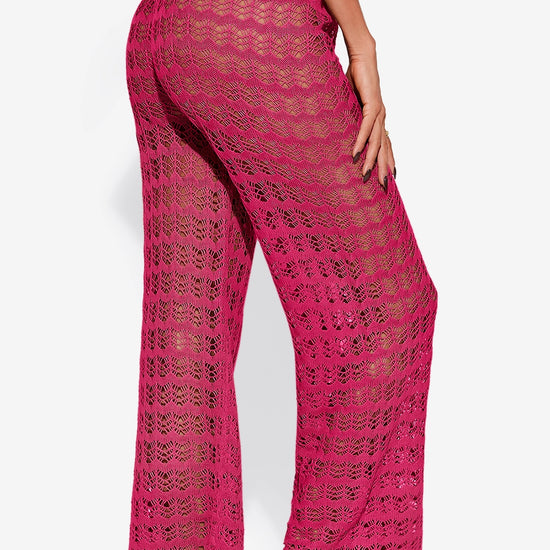 Fisoew Women‘s Rose Red Crochet Sheer Mesh Cover Up Pants - Fisoew