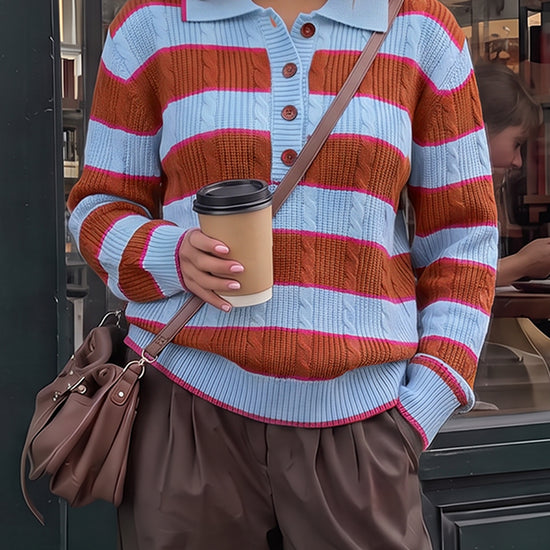 Colorblock Striped Half Button Pullovers - Fisoew