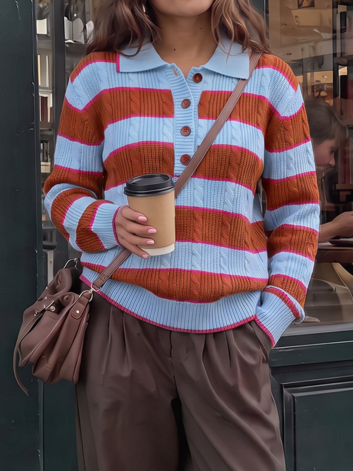 Colorblock Striped Half Button Pullovers - Fisoew
