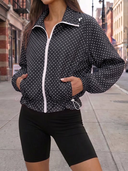 Polka Dot Zip Up Cropped Jackets