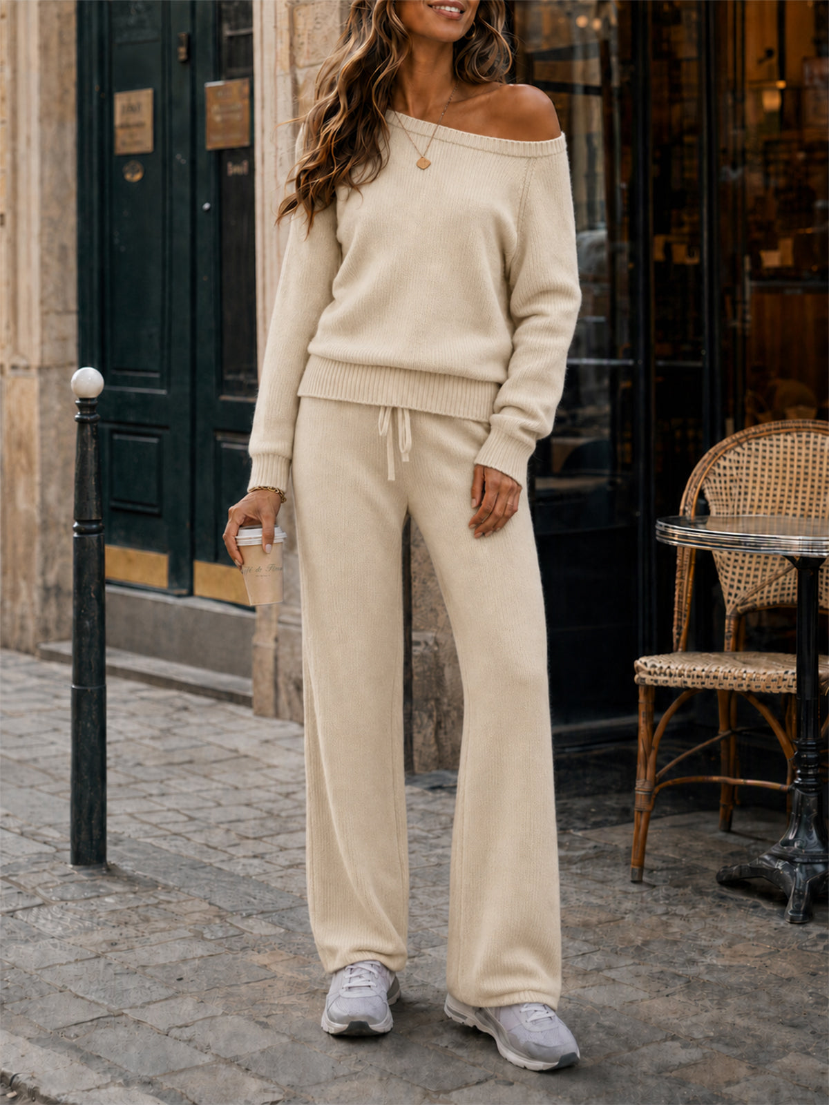 Off-Shoulder Sweaters With Drawstring Pants Set - Fisoew