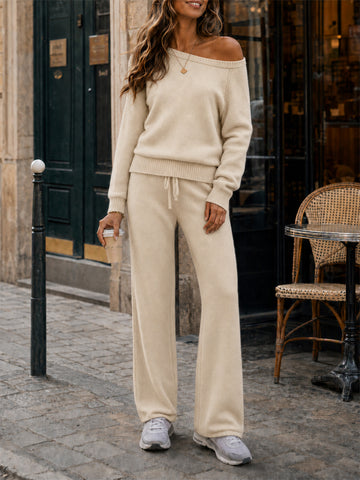 Off-Shoulder Sweaters With Drawstring Pants Set - Fisoew