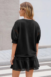 Womens Black Lace Trim Puff Sleeve Two Piece Skirt Set Fisoew