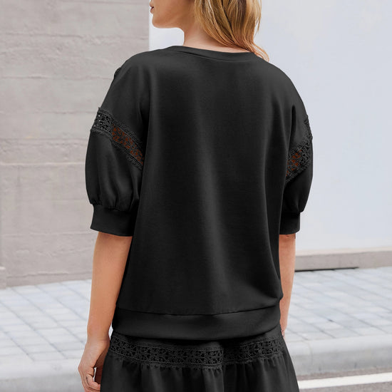 Womens Black Lace Trim Puff Sleeve Two Piece Skirt Set Fisoew - Fisoew