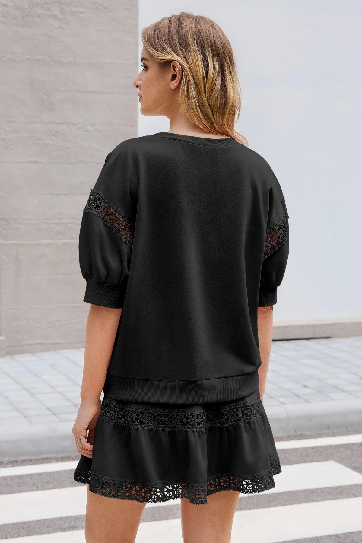 Womens Black Lace Trim Puff Sleeve Two Piece Skirt Set Fisoew - Fisoew