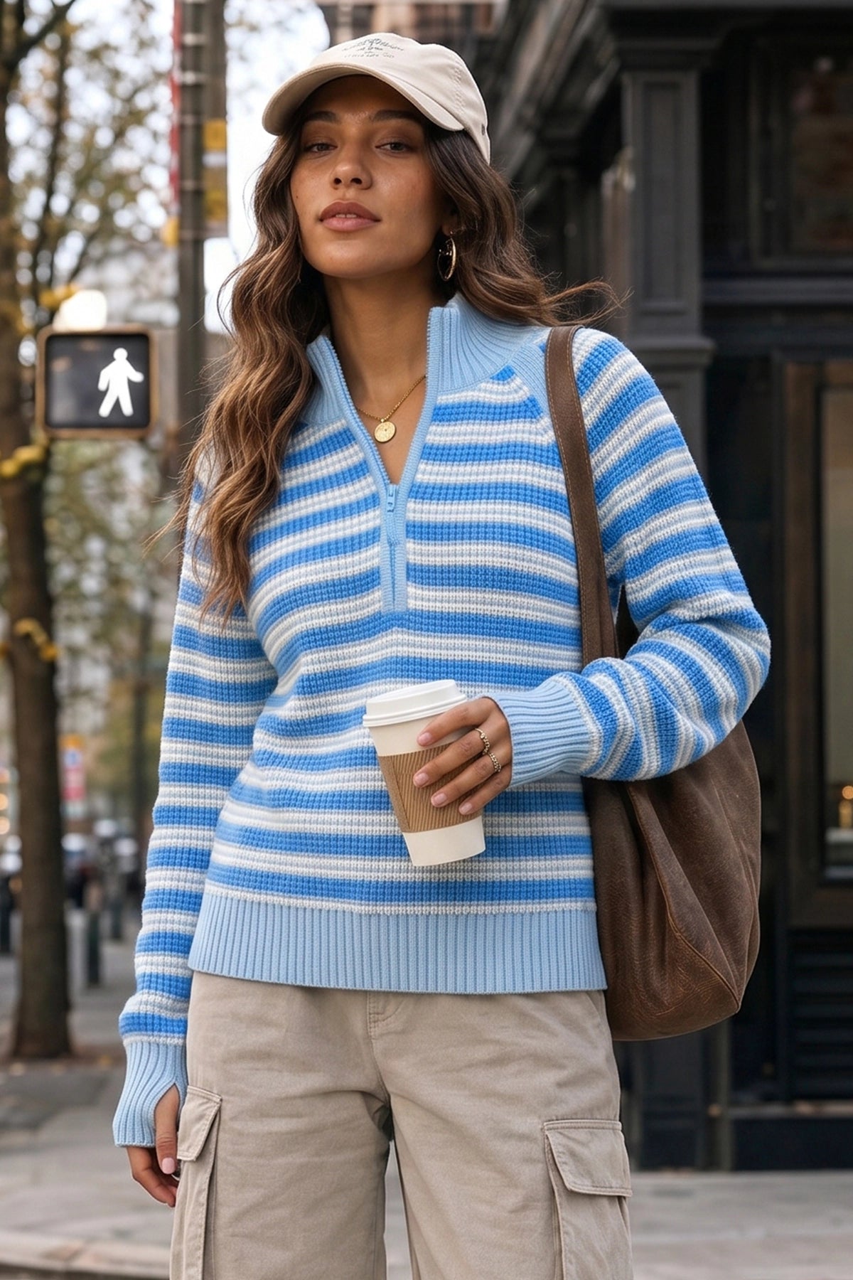 Half Zip Striped Pullover Ribbed Knit Tops - Fisoew