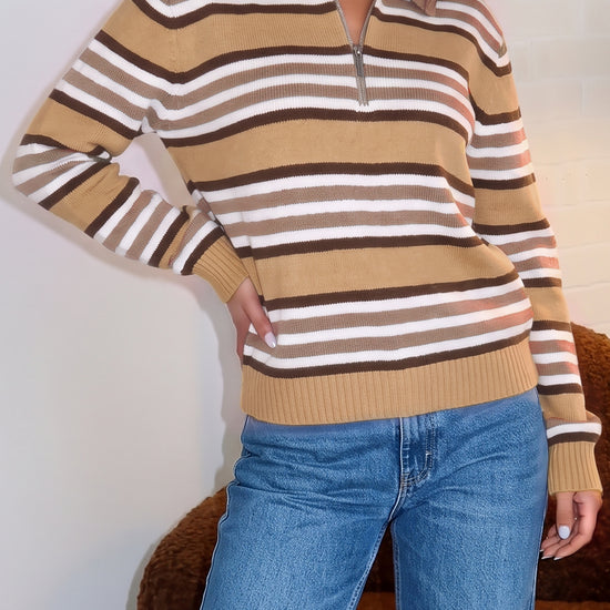 Quarter Zip Striped Long Sleeve Pullover - Fisoew