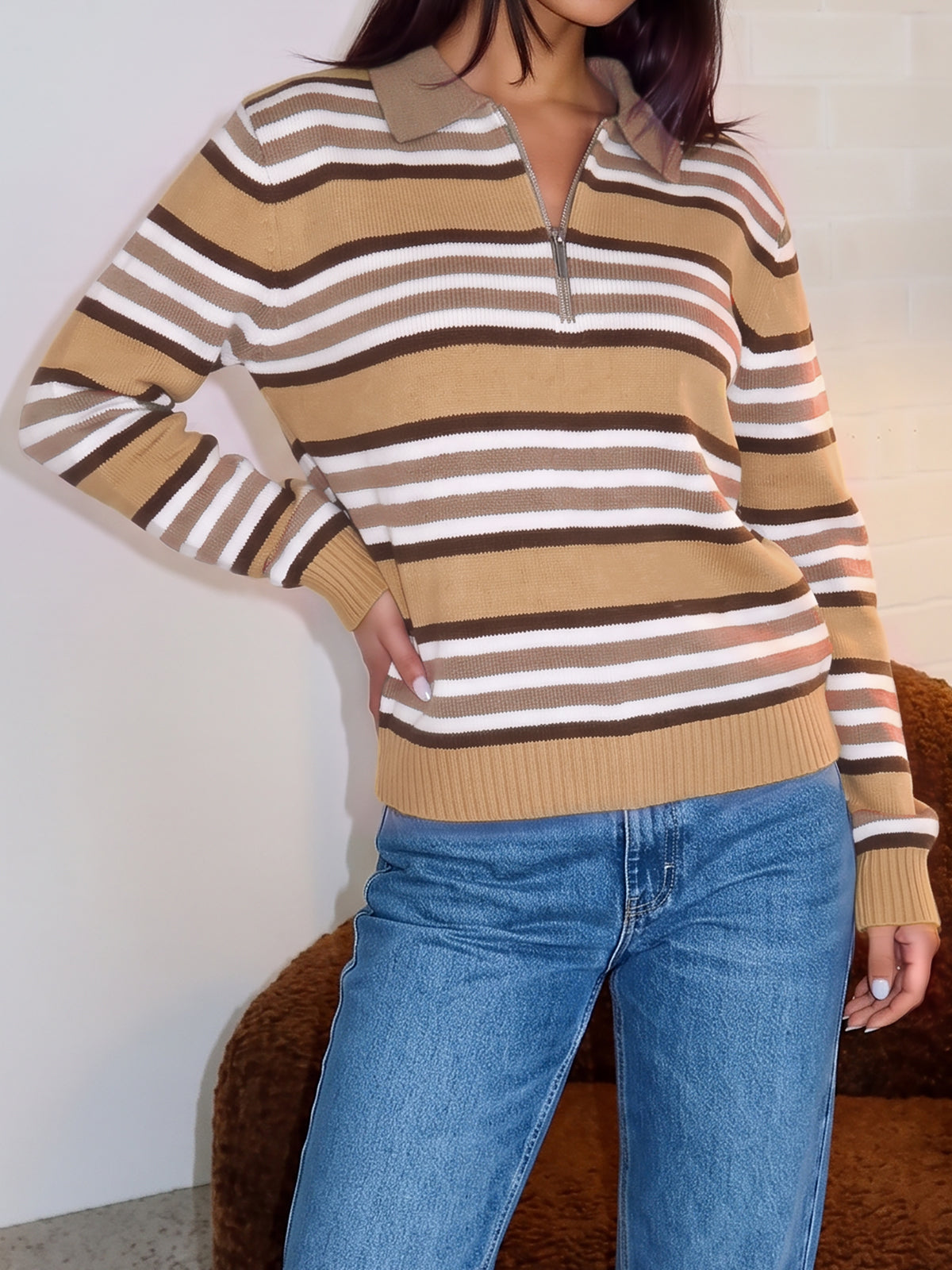 Quarter Zip Striped Long Sleeve Pullover - Fisoew