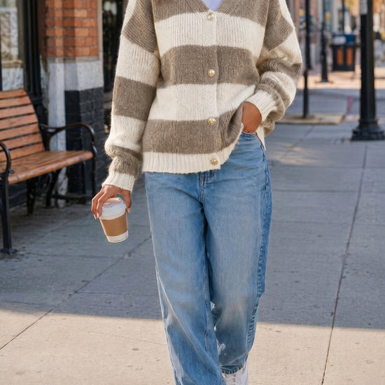 Striped Open Front Button Up Cardigans - Fisoew