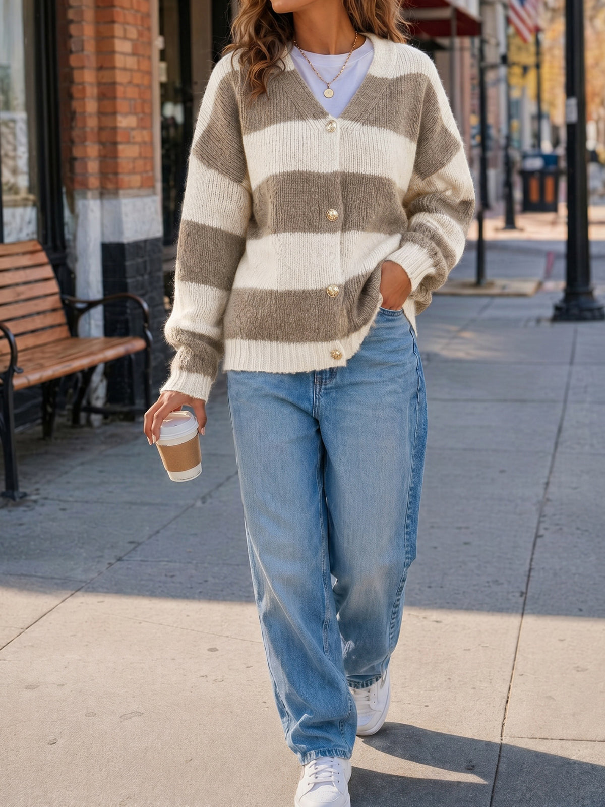 Striped Open Front Button Up Cardigans - Fisoew