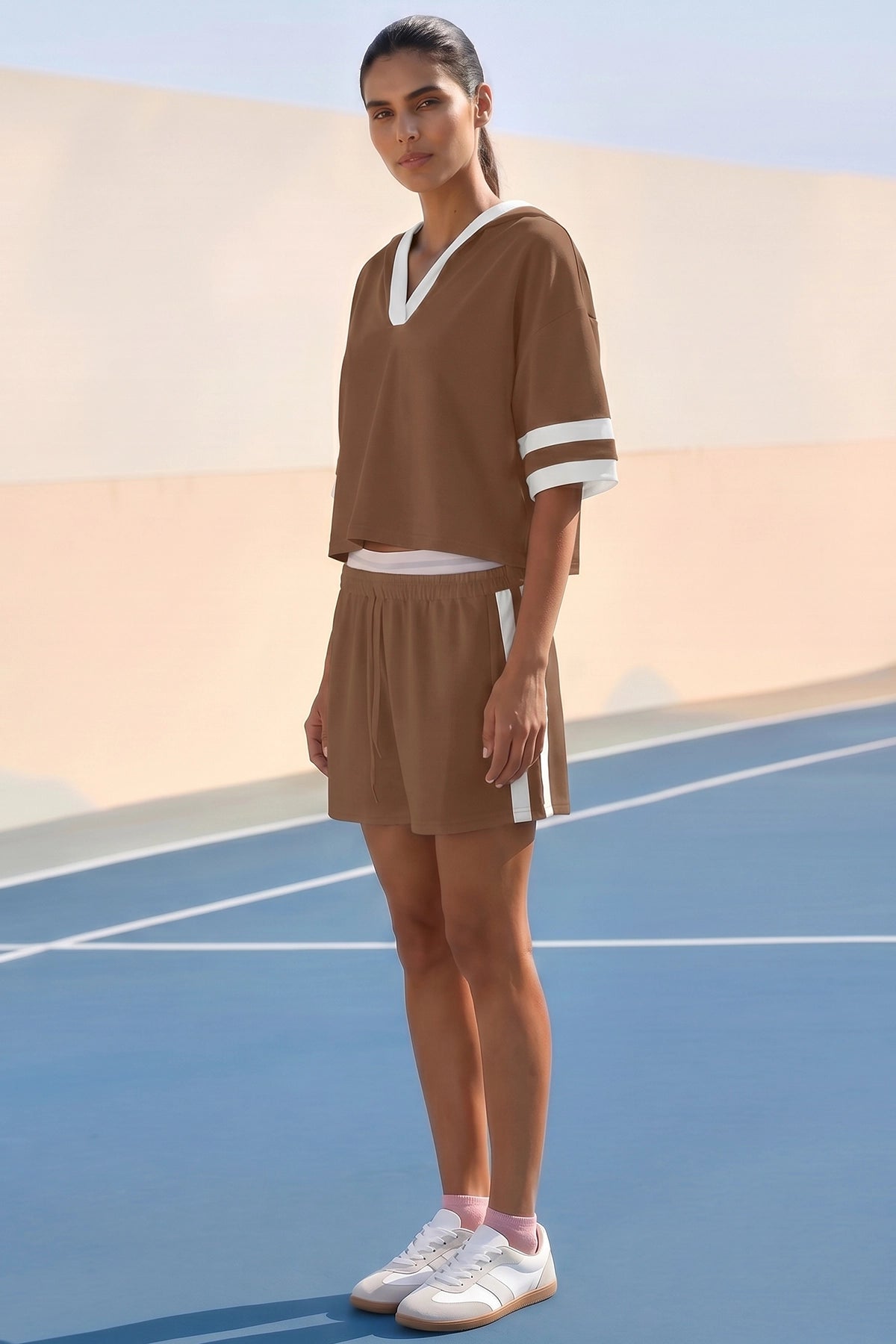 Women's Brown Sporty Knit 2-Piece Outfit Fisoew - Fisoew