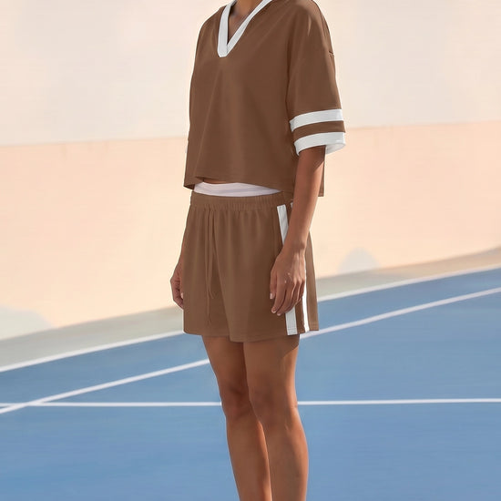 Women's Brown Sporty Knit 2-Piece Outfit Fisoew - Fisoew