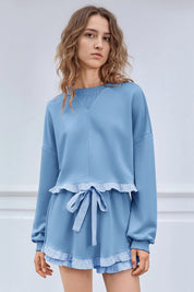 Women's Blue Color Block 2 Piece Lounge Sets Fisoew