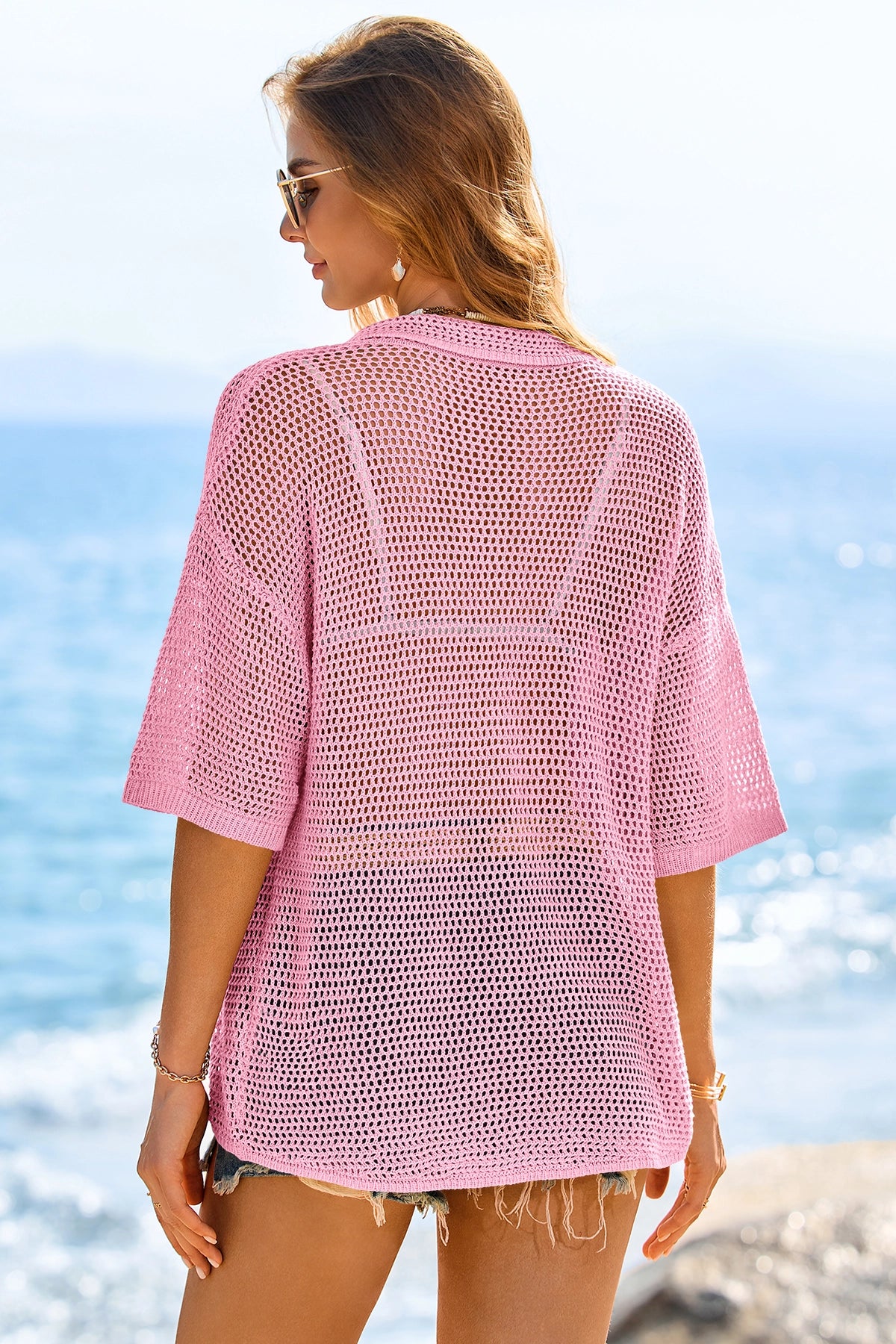 Fisoew Women's Pink Crochet Lightweight Cardigan Sweaters Cover Up Shirts