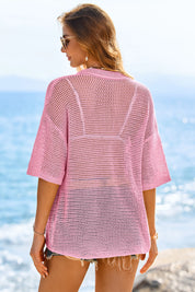 Fisoew Women's Pink Crochet Lightweight Cardigan Sweaters Cover Up Shirts
