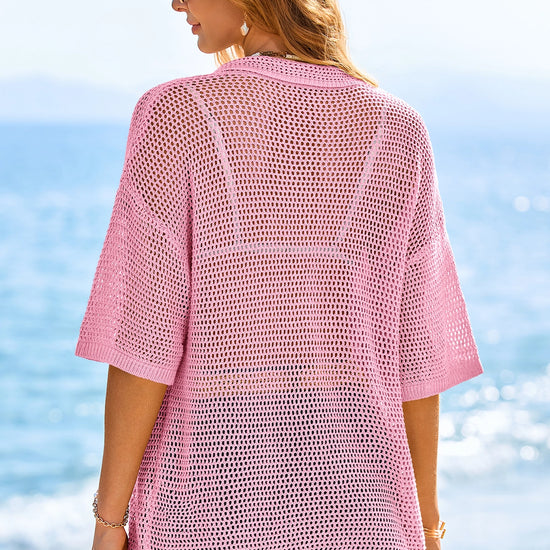 Fisoew Women's Pink Crochet Lightweight Cardigan Sweaters Cover Up Shirts - Fisoew