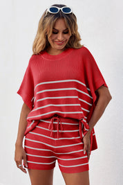 Fisoew Women's Red Striped Oversized Lounge Short Sets - Fisoew