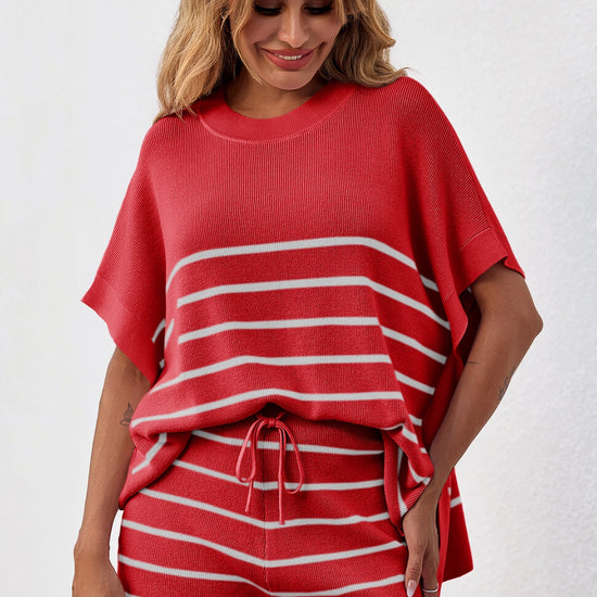Fisoew Women's Red Striped Oversized Lounge Short Sets - Fisoew