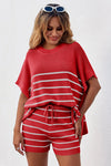 Fisoew Women's Red Striped Oversized Lounge Short Sets - Fisoew