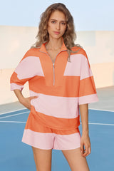 Womens Orange 2 Piece Outfits Striped Sets Fisoew