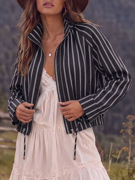 Striped Drawstring Waist Cropped Jackets
