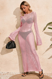 Fisoew Women's Pink Crochet  Long Sleeve Sexy Swimsuit Maxi Dress - Fisoew