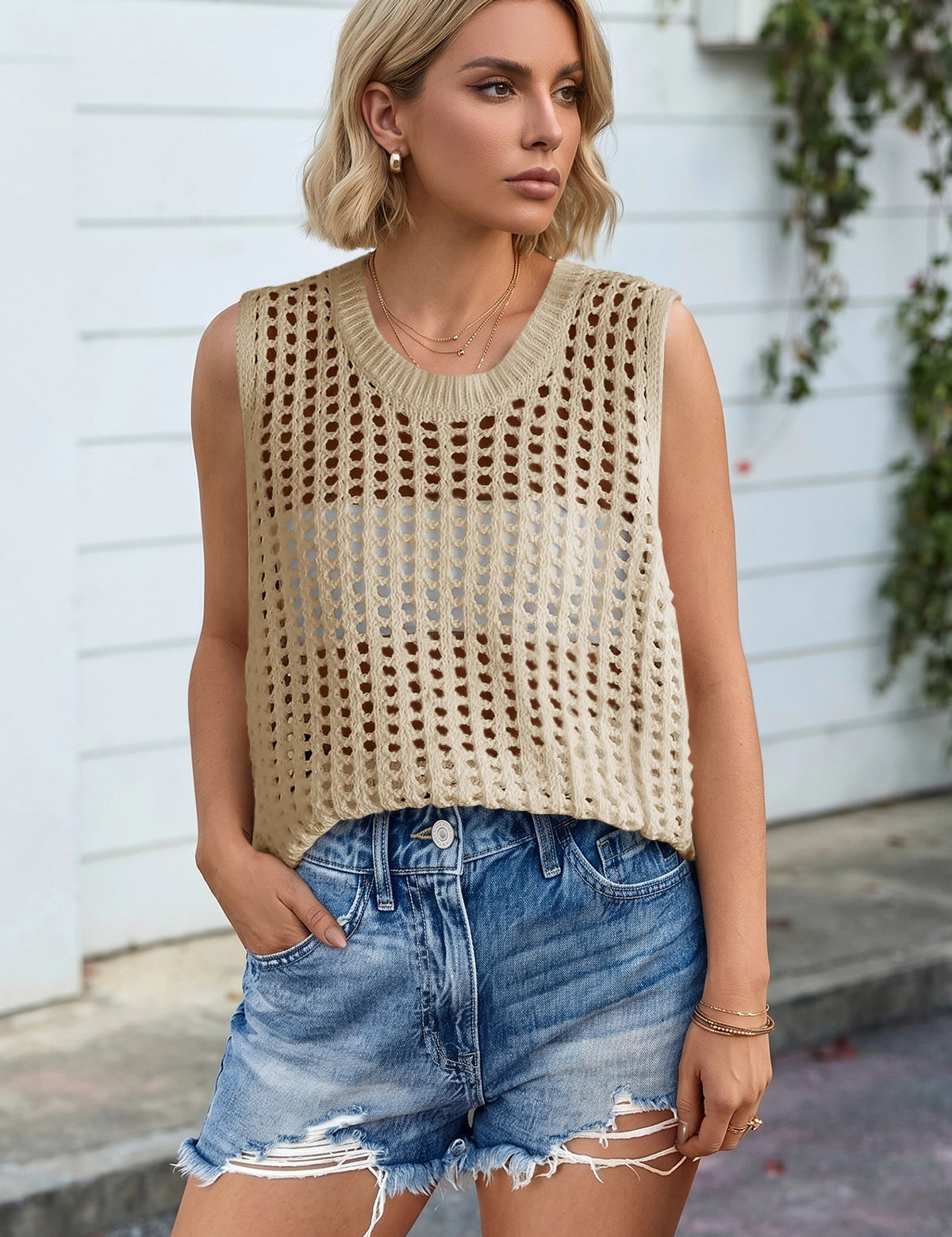 Fisoew Women's Beige Scoop Neck Crochet Boho Cover Ups - Fisoew