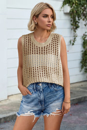 Fisoew Women's Beige Scoop Neck Crochet Boho Cover Ups - Fisoew