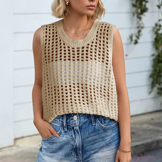 Fisoew Women's Beige Scoop Neck Crochet Boho Cover Ups - Fisoew