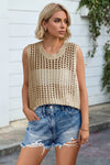 Fisoew Women's Beige Scoop Neck Crochet Boho Cover Ups - Fisoew