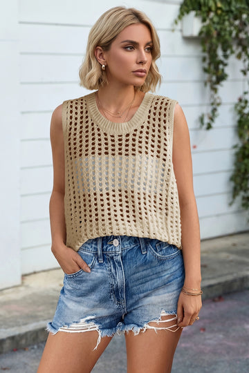 Fisoew Women's Beige Scoop Neck Crochet Boho Cover Ups - Fisoew