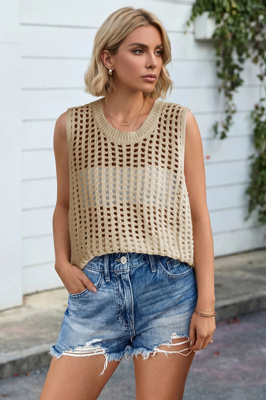 Fisoew Women's Beige Scoop Neck Crochet Boho Cover Ups - Fisoew