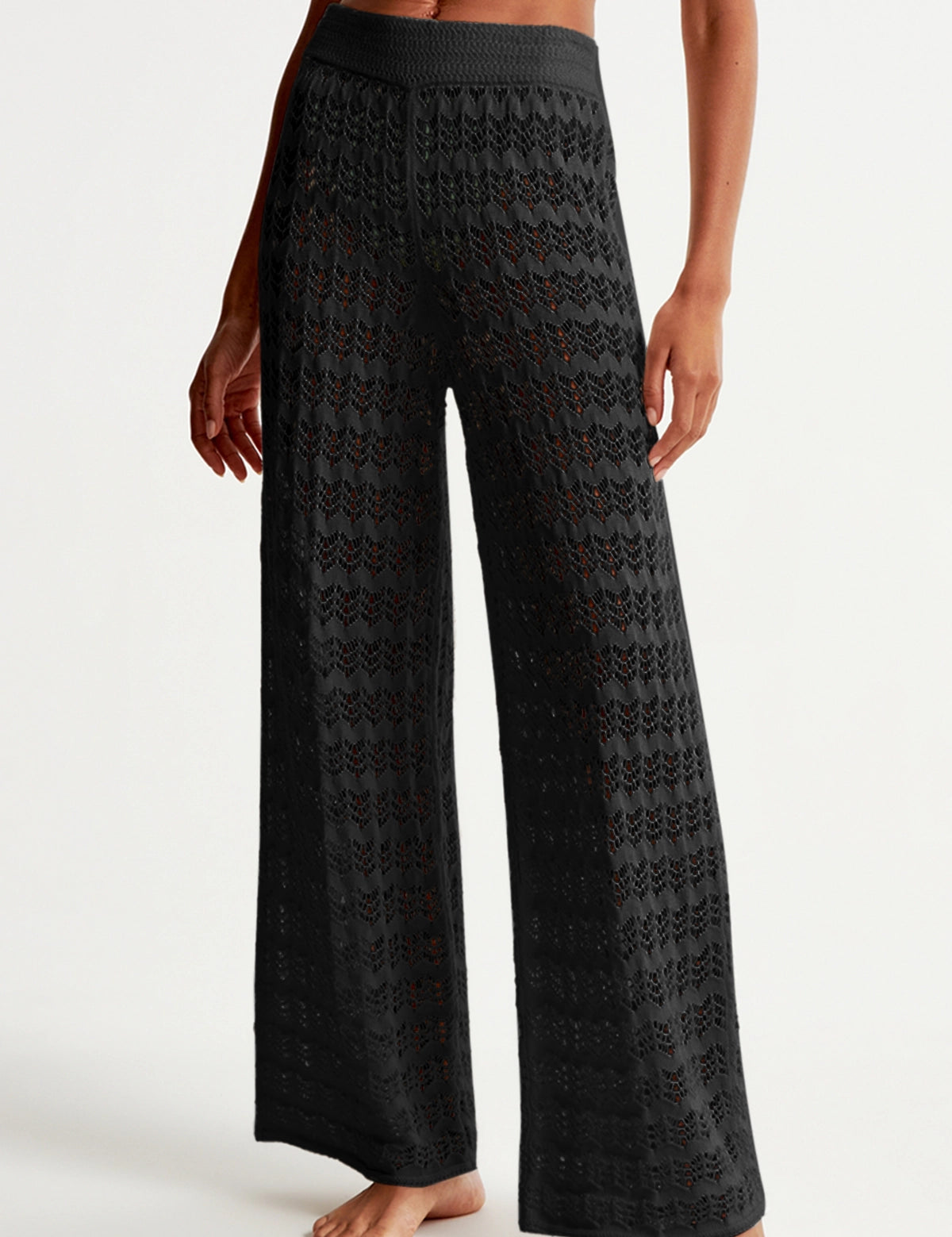 Fisoew Women‘s Black Crochet Sheer Mesh Cover Up Pants - Fisoew