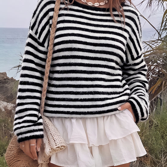 Off Shoulder Striped Knit Pullover - Fisoew
