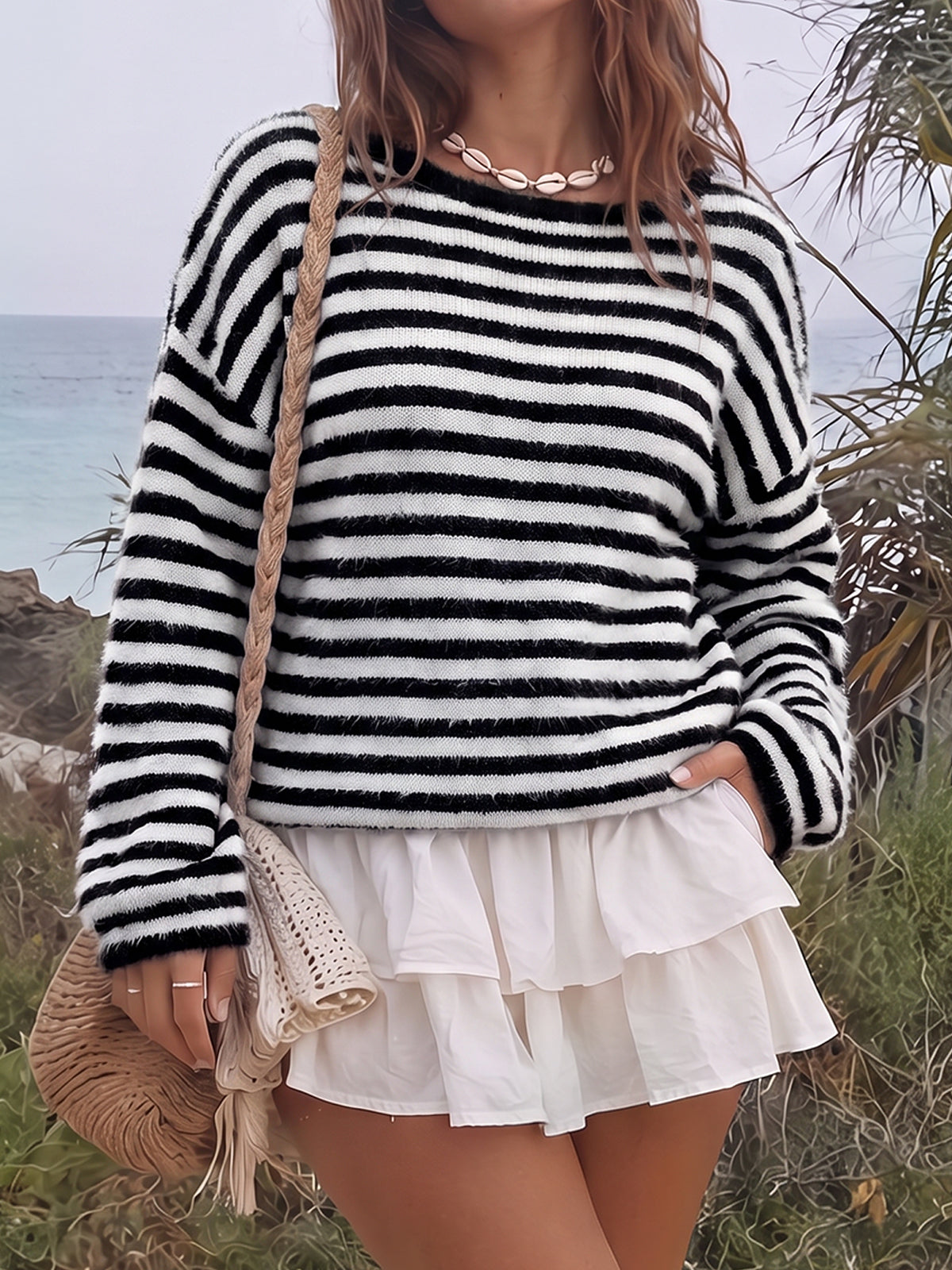 Off Shoulder Striped Knit Pullover - Fisoew