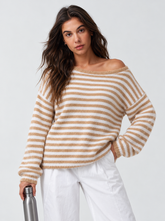 Off Shoulder Striped Knit Pullover