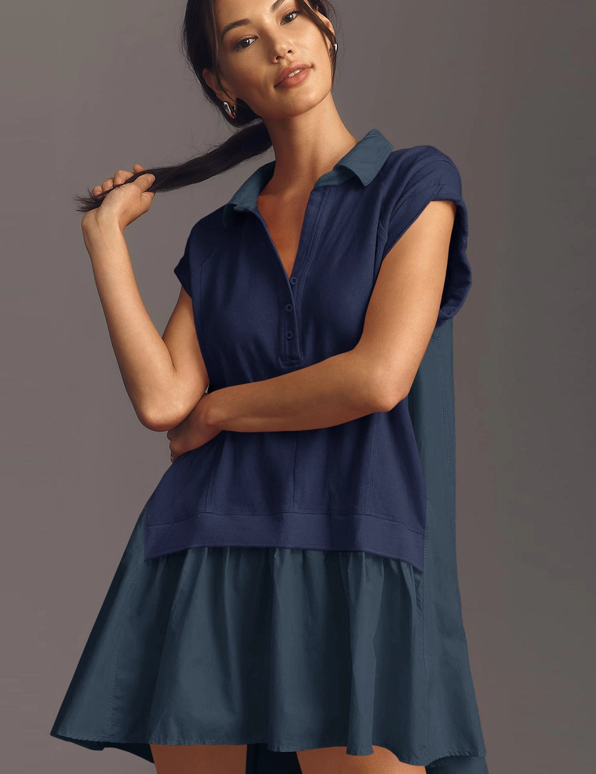 Fisoew Women's Dark Blue Oversized Patchwork Mini Dress - Fisoew
