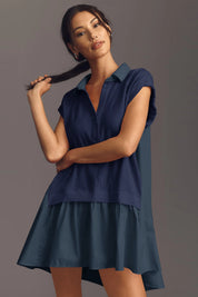 Fisoew Women's Dark Blue Oversized Patchwork Mini Dress
