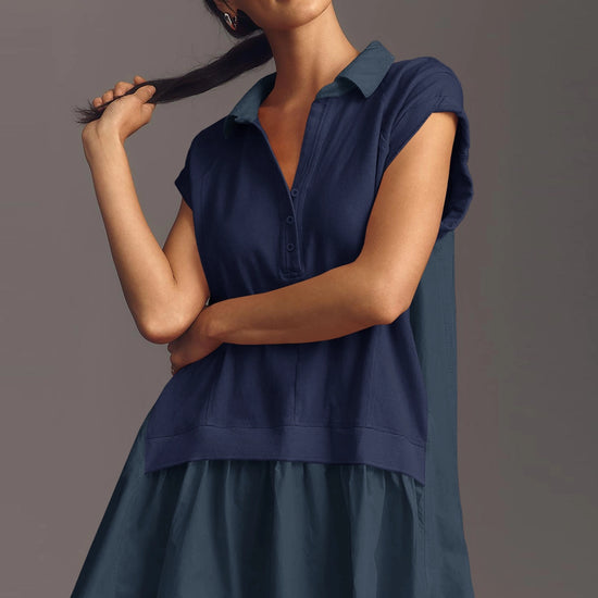 Fisoew Women's Dark Blue Oversized Patchwork Mini Dress - Fisoew