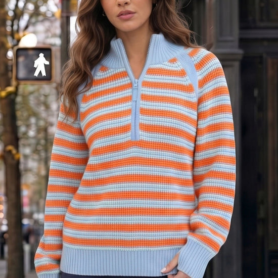 Half Zip Striped Pullover Ribbed Knit Tops - Fisoew