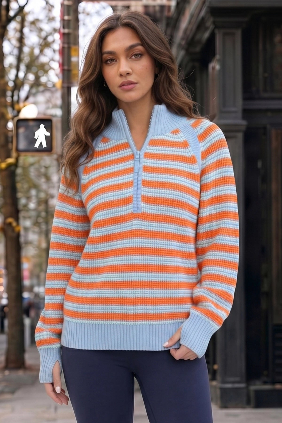 Half Zip Striped Pullover Ribbed Knit Tops - Fisoew
