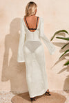Fisoew Women's Beige Crochet  Long Sleeve Sexy Swimsuit Maxi Dress - Fisoew
