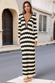 Fisoew Women's Black Striped Sexy Crochet Maxi Dress